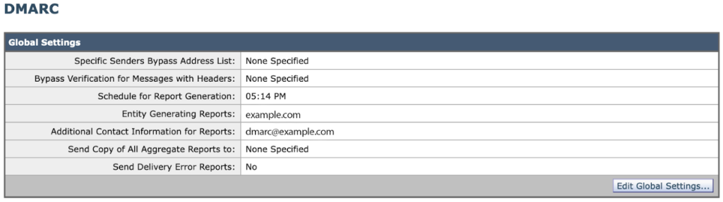 Capture d'écran de la page des paramètres de configuration du nom DMARC de Cisco CES