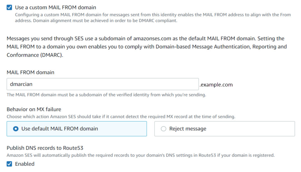 Screenshot of Amazon SES custom from domain pane