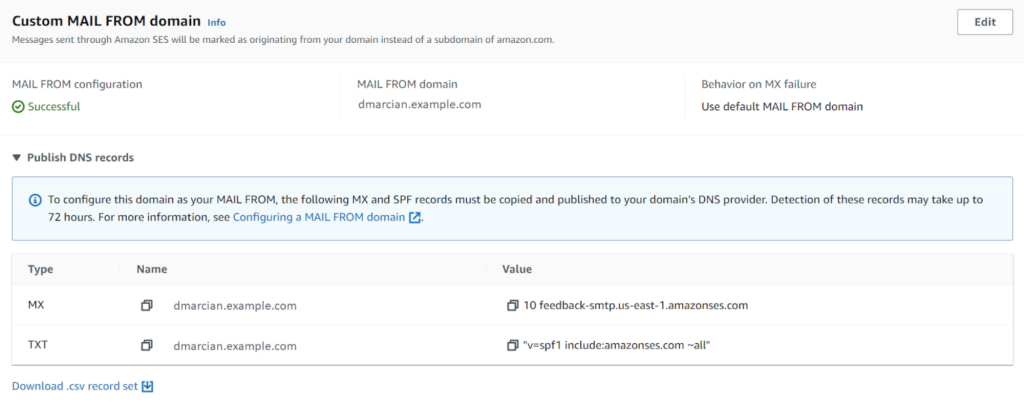 Screenshot of Amazon SES custom from domain pane - results pane