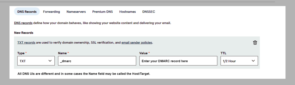 Sample DMARC record in DNS