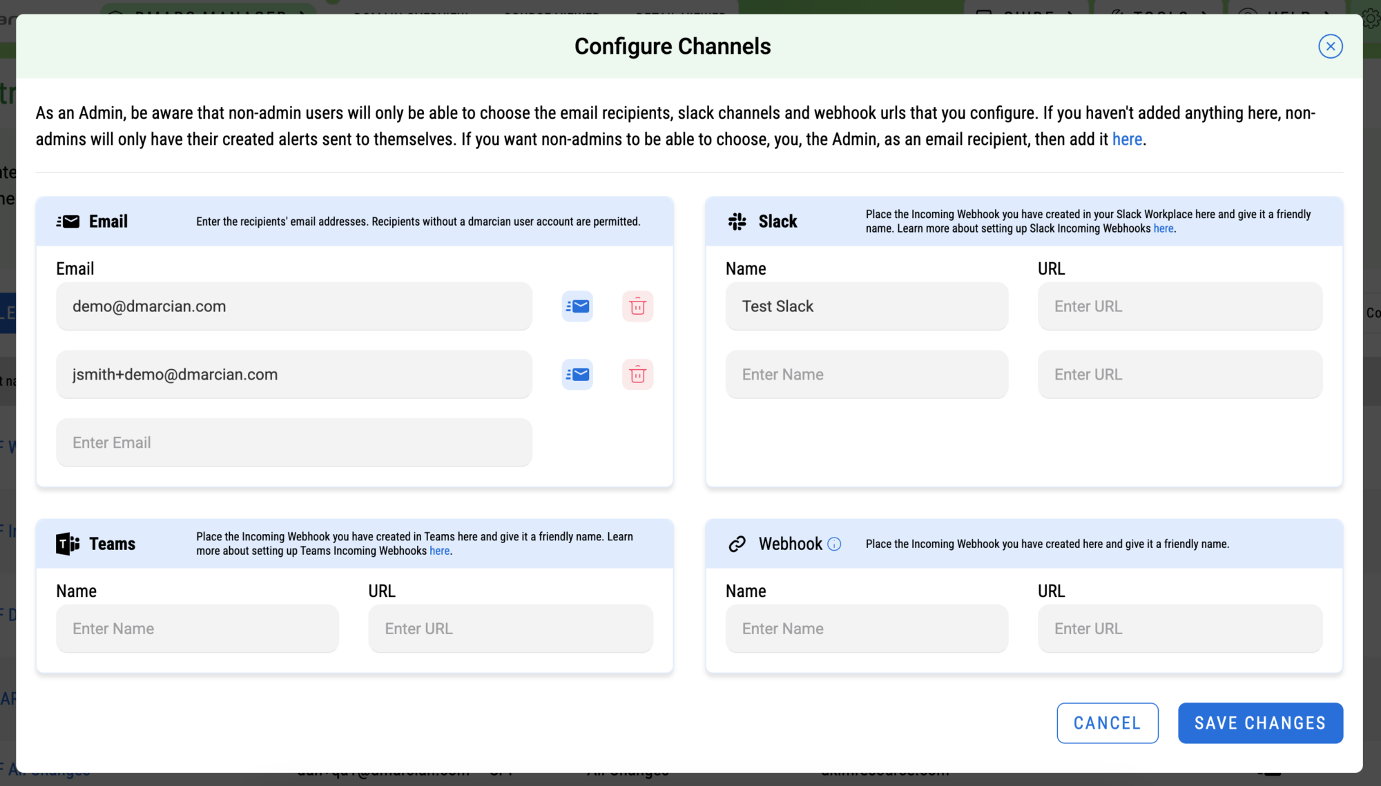 Alert Central configuration settings